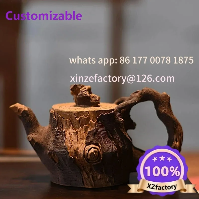 Customizable Retro Imitation Tree Stump Teapot - Handmade Purple Clay, Frog Lid Teaware