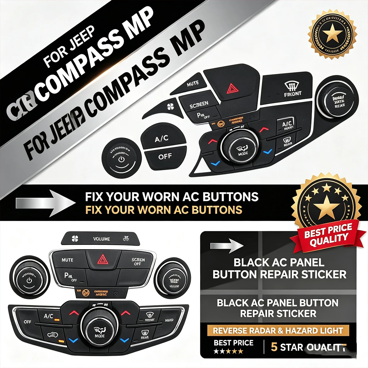 For Jeep Compass MP AC Panel Decal Sticker - Faded Button Repair, Climate Control Reverse Radar Hazard Light Fix