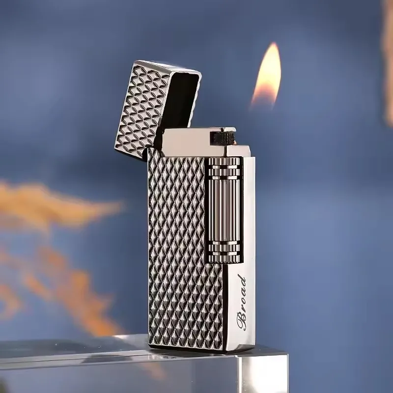 Grinding Wheel Side Slide Tilt Flame Butane Gas Lighter High Quality Metal Embossed Open Flame Lighters Cigarette Accessories