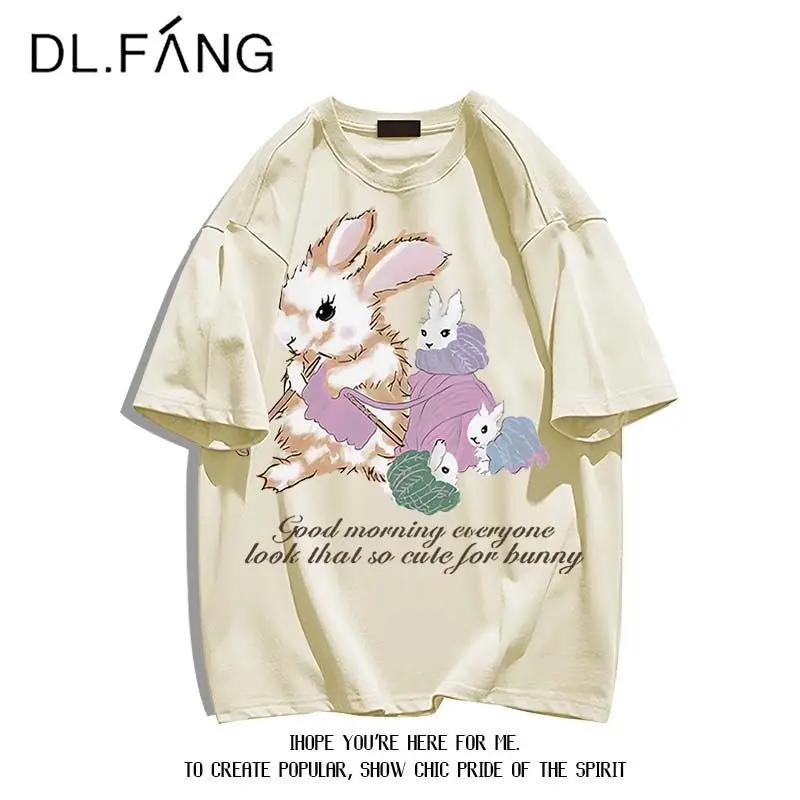 Women's Pure Cotton T-shirt 2024 Summer Cute Rabbit Print Tops Lazy and Comfortable Short Sleeve Lady Basic Pastoral O-neck Tees