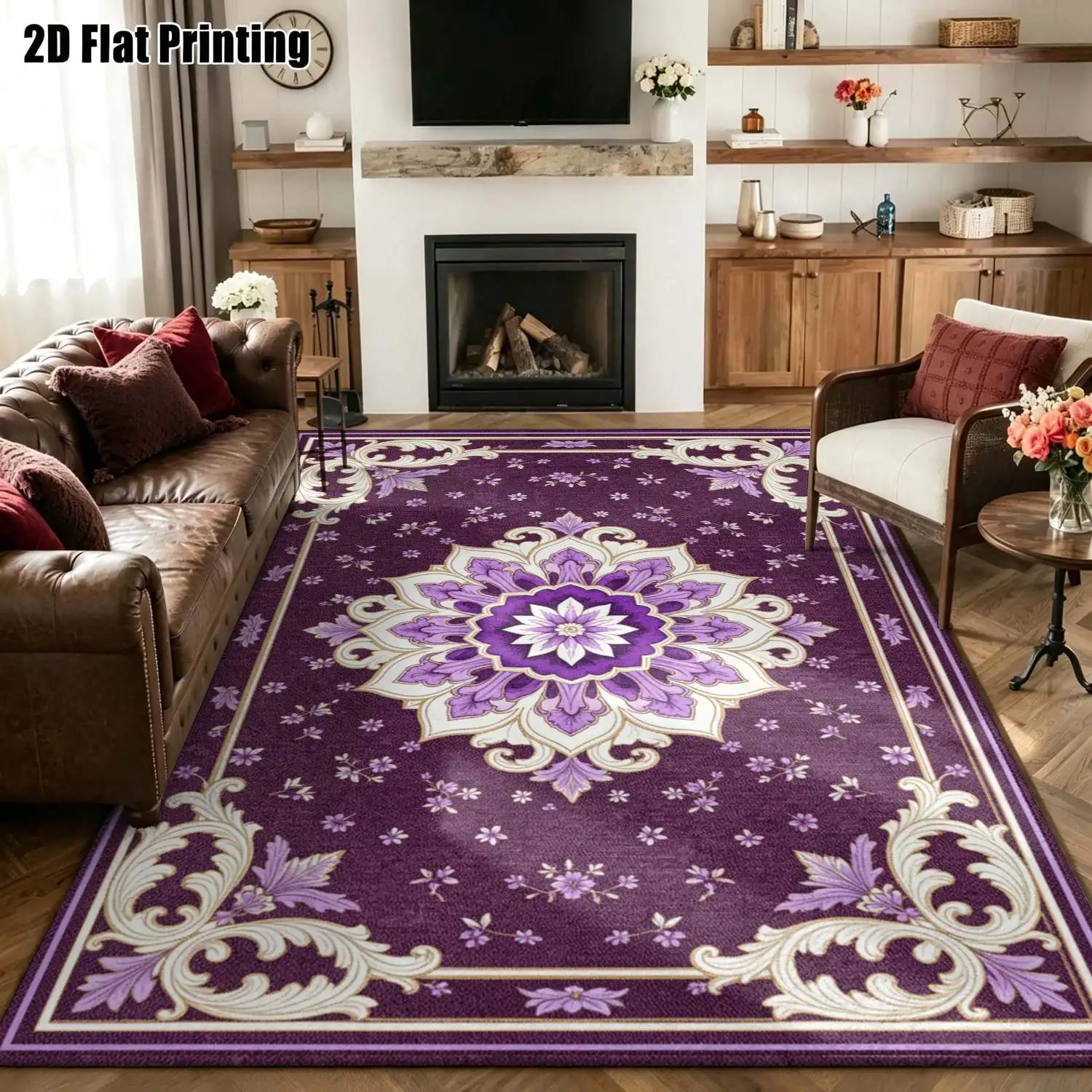 1Pc 2D Printed Purple-Toned European Retro Scroll Flower Carpet, Machine Washable, Multi-Size, for Home Decor & Multi-Scenario Use