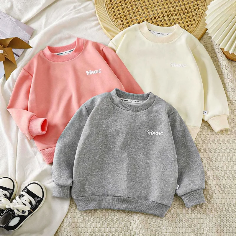 Spring Fall Children Boy Girl Sweatshirt Solid Round Collar Kid Boy Long Sleeve Tops Casual Tees Toddler Baby Pullover