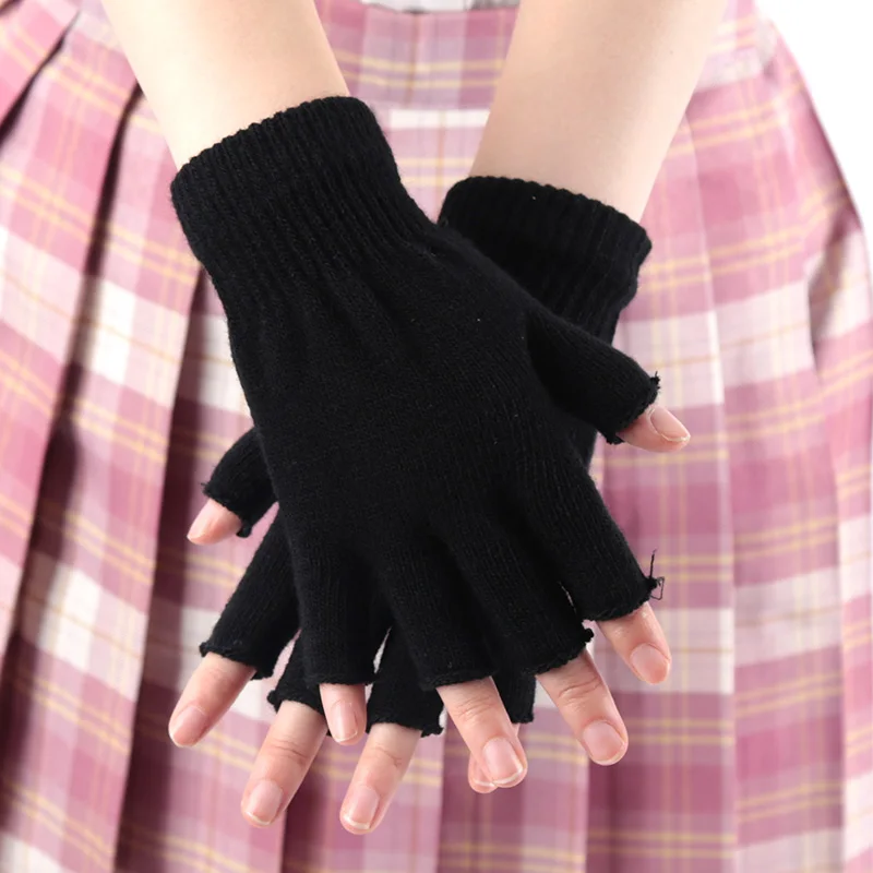 1Pair Black Gloves Elastic Comfort Mittens Fingerless Gloves for Women Men Knit Wrist Outdoor Gloves Winter Warm Workout Gloves