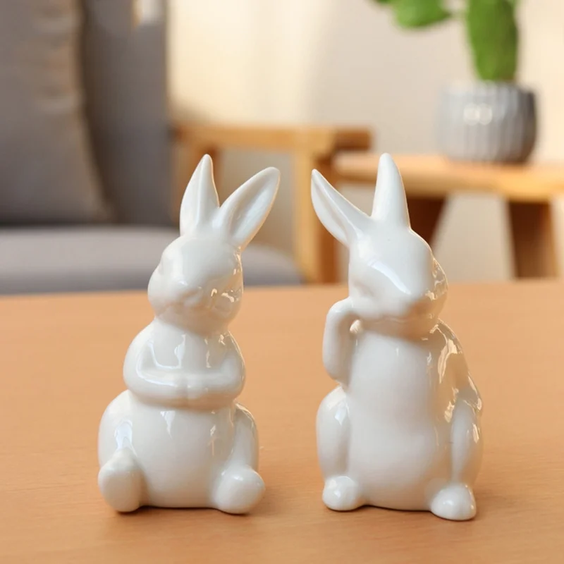 Ceramic Bunny Desktop Decor Cute White Rabbit Figurines Porcelain Cabinet Home Decor Mini Statue Ornament Easter Gift for Kids