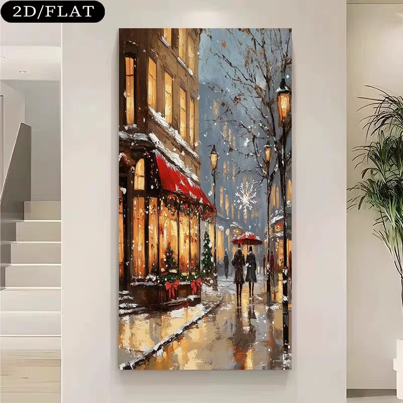 (1PC Unframe)Large Canvas Wall Art Modern Winter Wonderland Canvas Wall Painting - European Snowy Street Scene with Parisian Caf