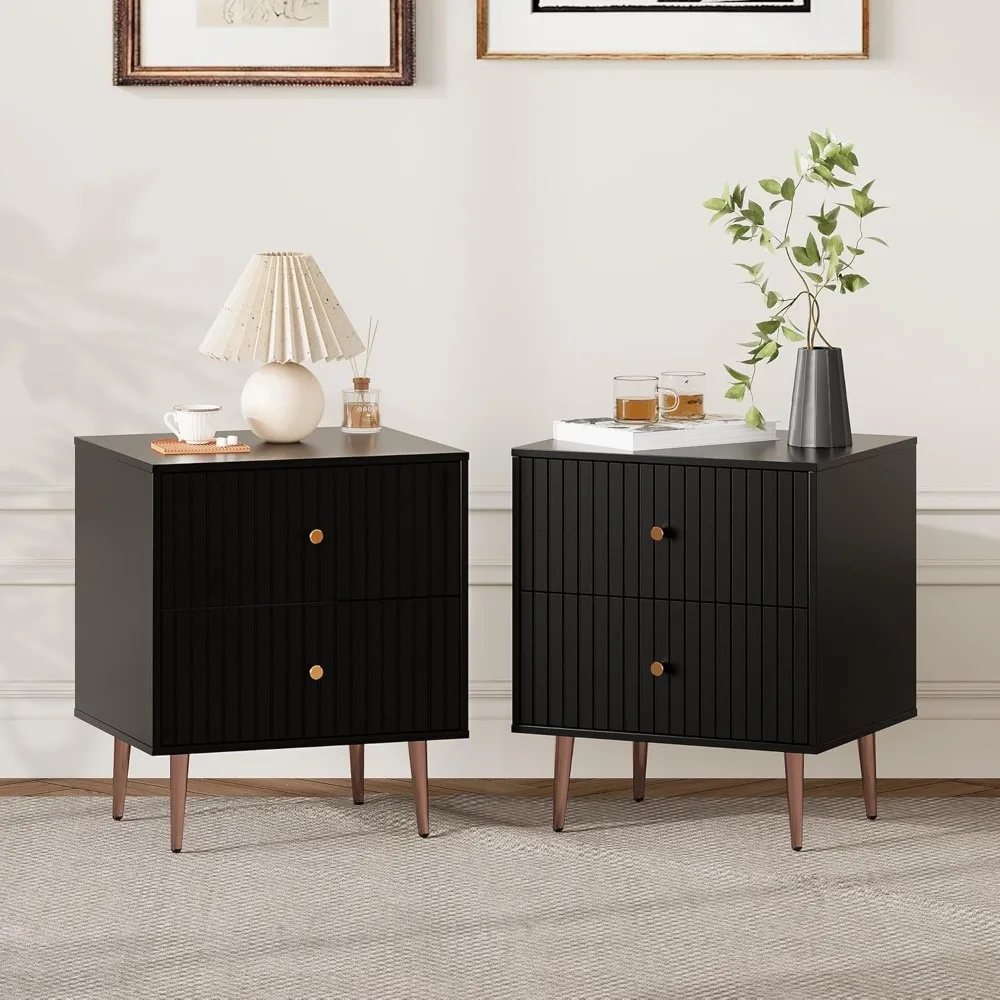 Zwarte nachtkastjes set van 2 personen, nachtkastje met opbergruimte met 2 lades, modern nachtkastje en bijzettafeltje van hout met rosé goud
