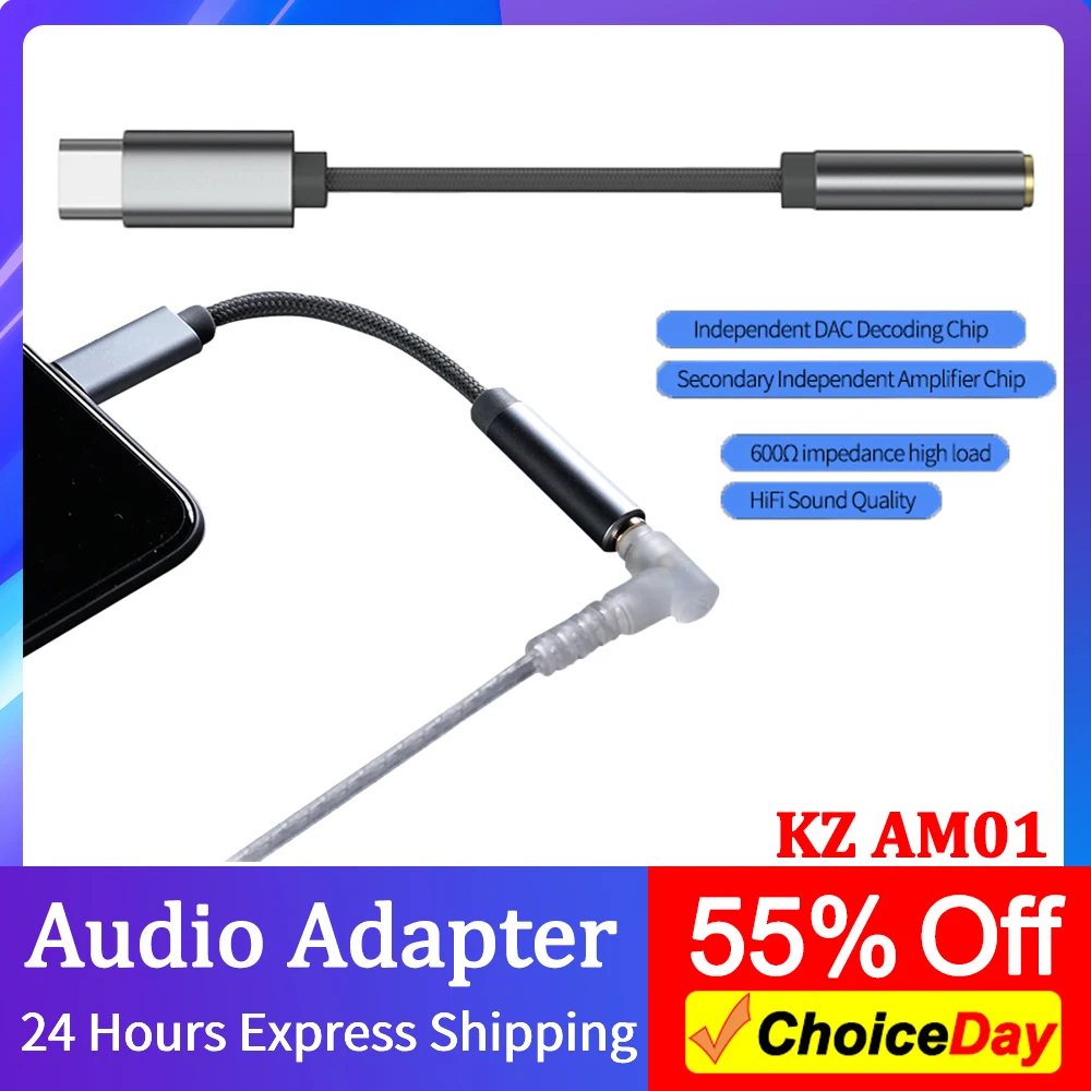 KZ AM01 Type-C to 3.5mm Headphone Jack Adapter 32bit/384kHz Hi-Fi DAC + IC Amplifier Dual Chip Earphone Audio Adapter Cable