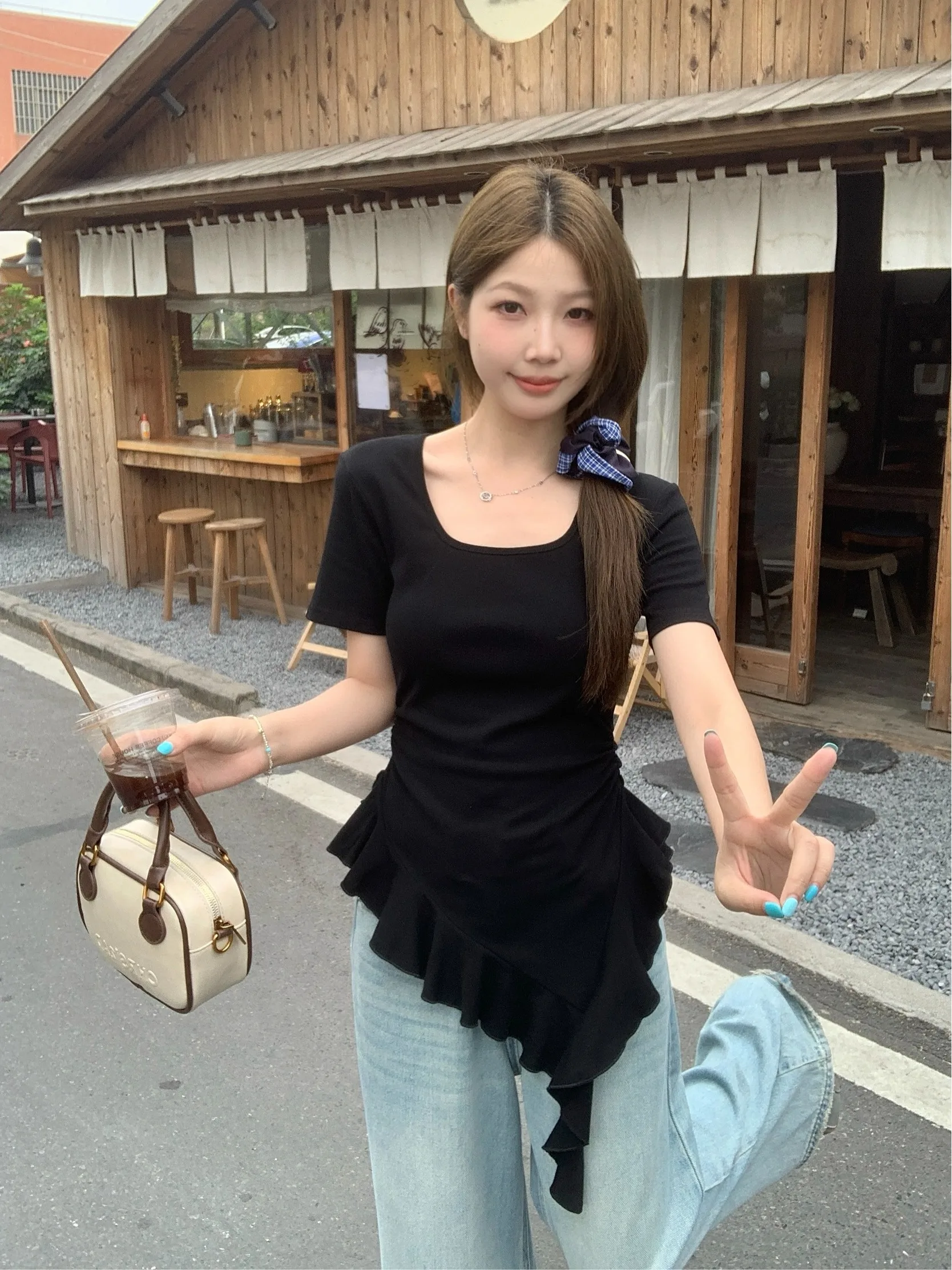 

plus Size Women's Summer Slim Fit Short Sleeve T-Shirt Asymmetrical Hem Lace Trim Design Korean Style Regular Thickness