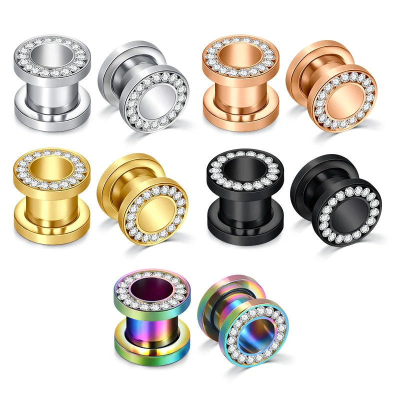 1Pair Stainless Steel Ear Plugs, Rhinestone Ear Expander, Ear Tunnels Plug Screw Body Piercing Jewelry For Women Men 4-16mm