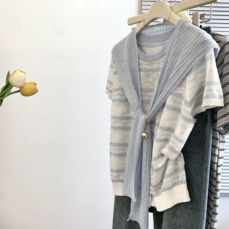 

Summer New Women's Knitted Short Sleeve Shawl Thin Commute Casual Shirt Korean Style Straight Tube Pattern round Neck Top