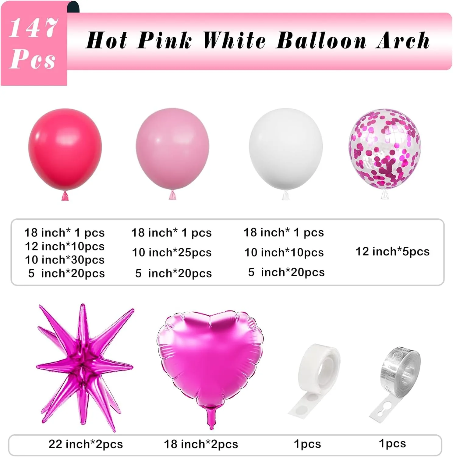 147Pcs Hot Pink White Balloons Arch Garland Kit-for Girls Birthday Baby Shower Graduation Wedding Party Decoration Supplies