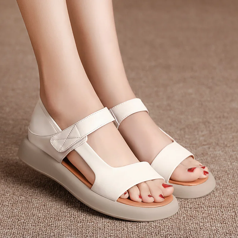 Plus Size 35-43 All Match Comfortable Genuine Leather Sandlas Casual Shoes 2026 Summer Womens Flat Platform Sandals Office Mom