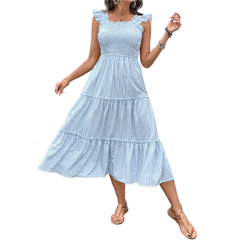 ABRT-Women's Summer Boho Striped Beach Dress Flounce Spaghetti Strap Flowy Swing Long Smocked Dress