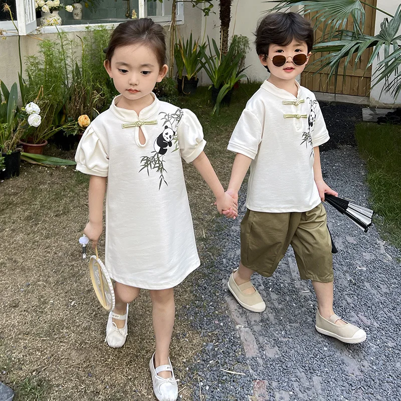 Brother Sister Matching Cute Panda Clothes Kids Girl Shorts Sleeve Dress Child Boys Tops + Pants Two Piece Outfits Baby Clothing