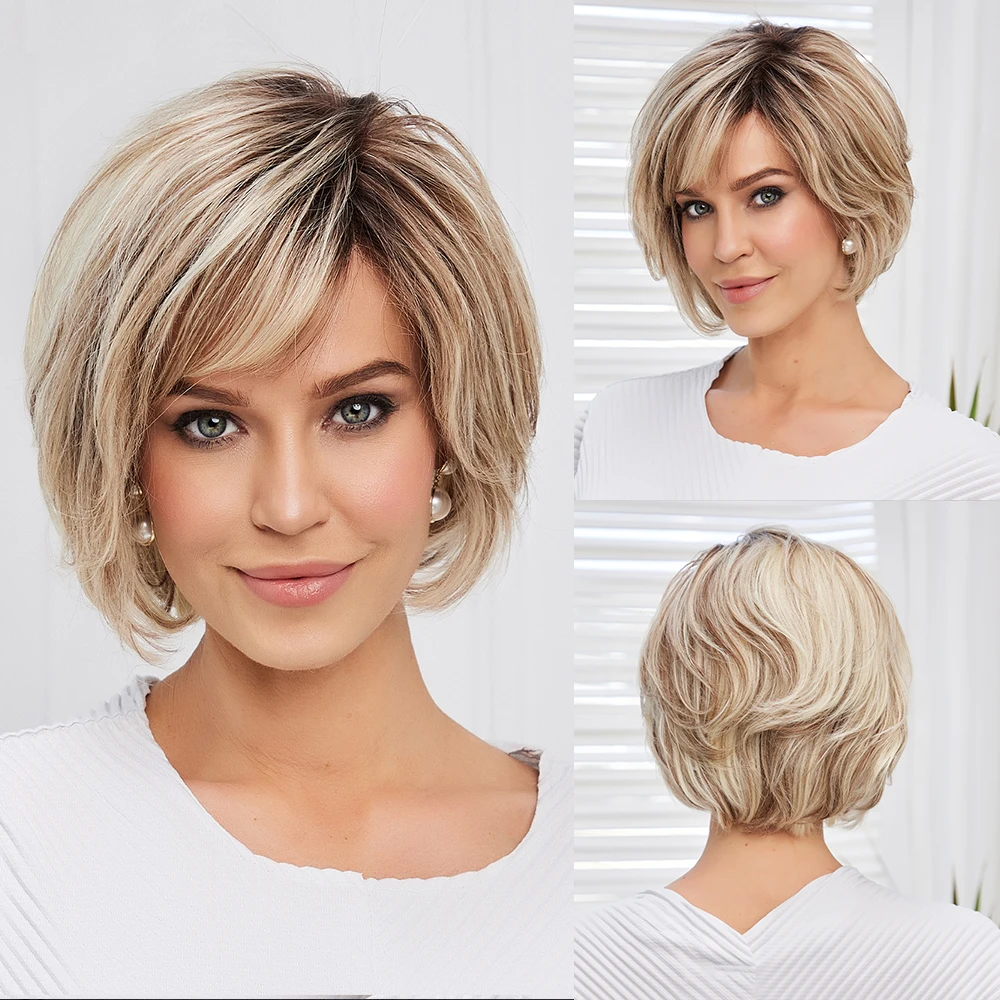 Brown Blonde Remy Human Hair Wigs HD Transparent Lace Front Wig Short Layered Wavy Hand-Tied Lace Frontal Hairs for White Women