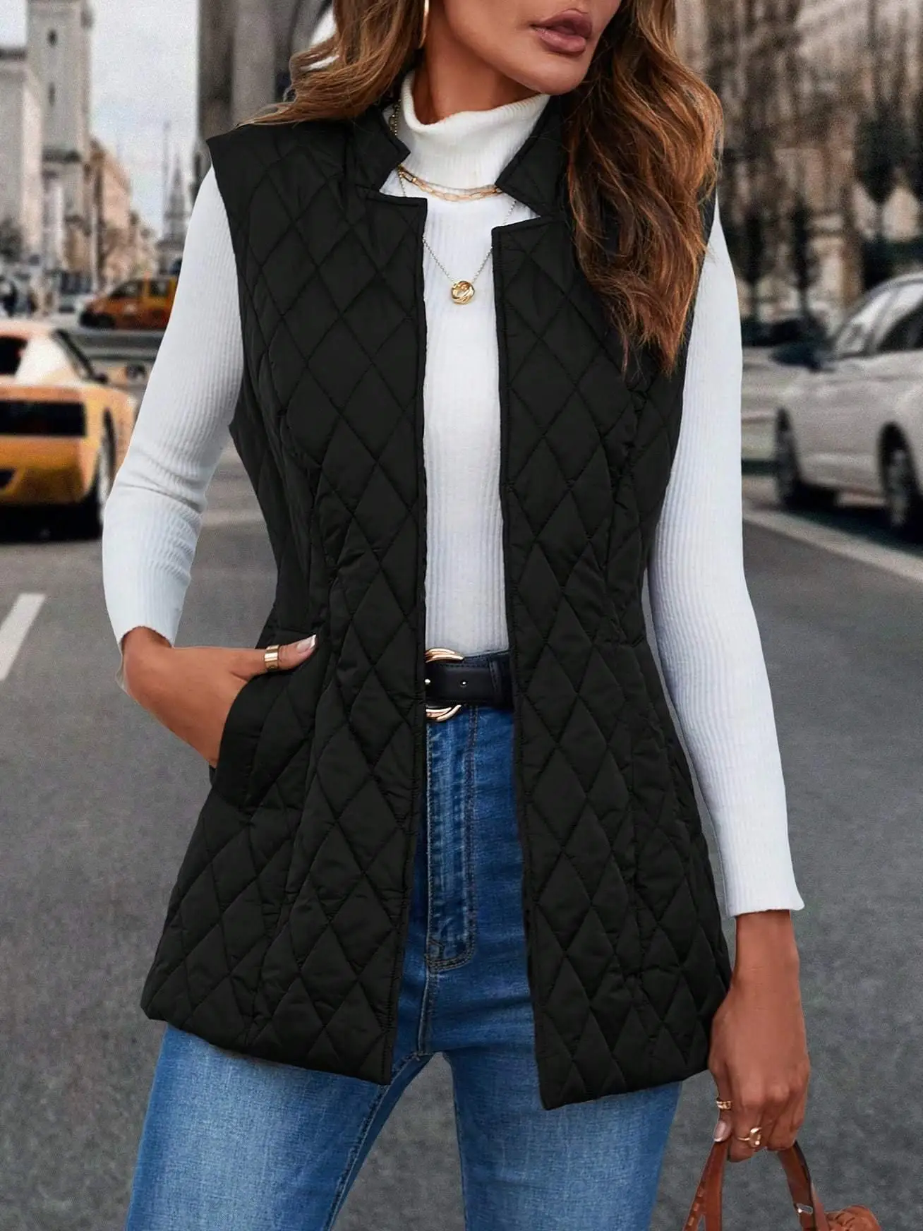 Black Versatile Cotton Vest Slimming Waist Diamond Stitch Medium-Length Sleeveless Jacket Outerwear for Women
