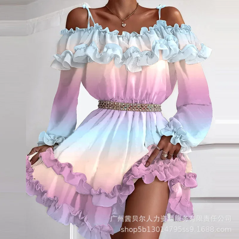 Women Printing Slash Neck Off-Shoulder Dress 2023 Spring Autumn Dress Women's Sexy Lantern Sleeve Ruffle Stitching Dress No Belt