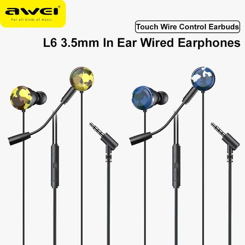 

Awei L6 3.5mm Wired Earphones In-Ear Gaming Headset Wired Headphones with Mic Bass Stereo Earbuds In-line Control For Phones