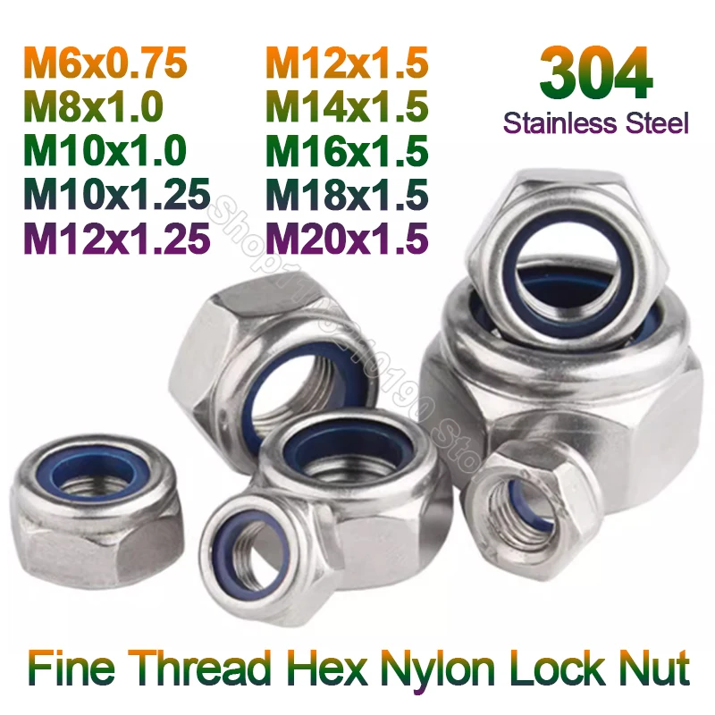 

M6 M8 M10 M12 M14 M16 M18 M20 304 A2-70 Stainless Steel Fine Thread Hexagon Nylock Nut Locknut Hex Nylon Insert Self Lock Nuts