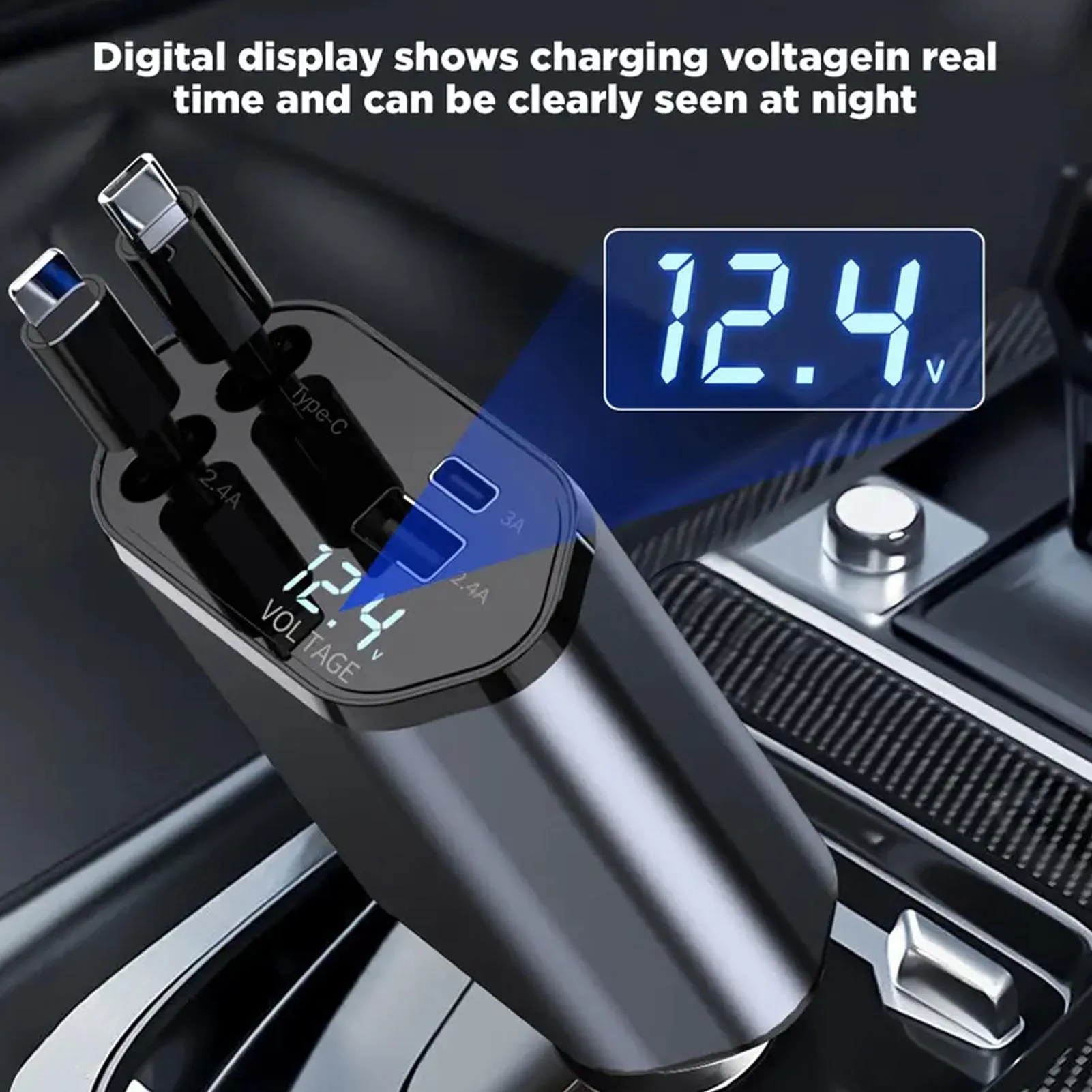 

Retractable Car Charger Fit for IOS 15 14 13 12 Pro Maximum 100W Cable and 2 USB Ports 4 in 1 Super Fast Charging Car Charger