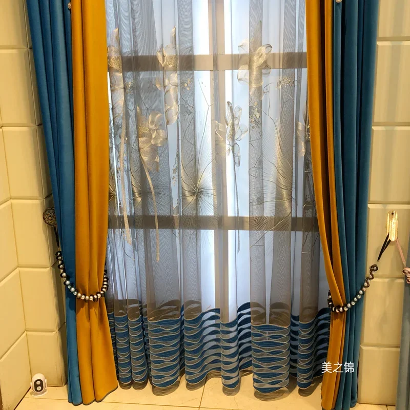 New Chinese Blue Lotus Embroidery Window Screen Velvet Patched Curtains For Living Room Bedroom French Window Study Customized