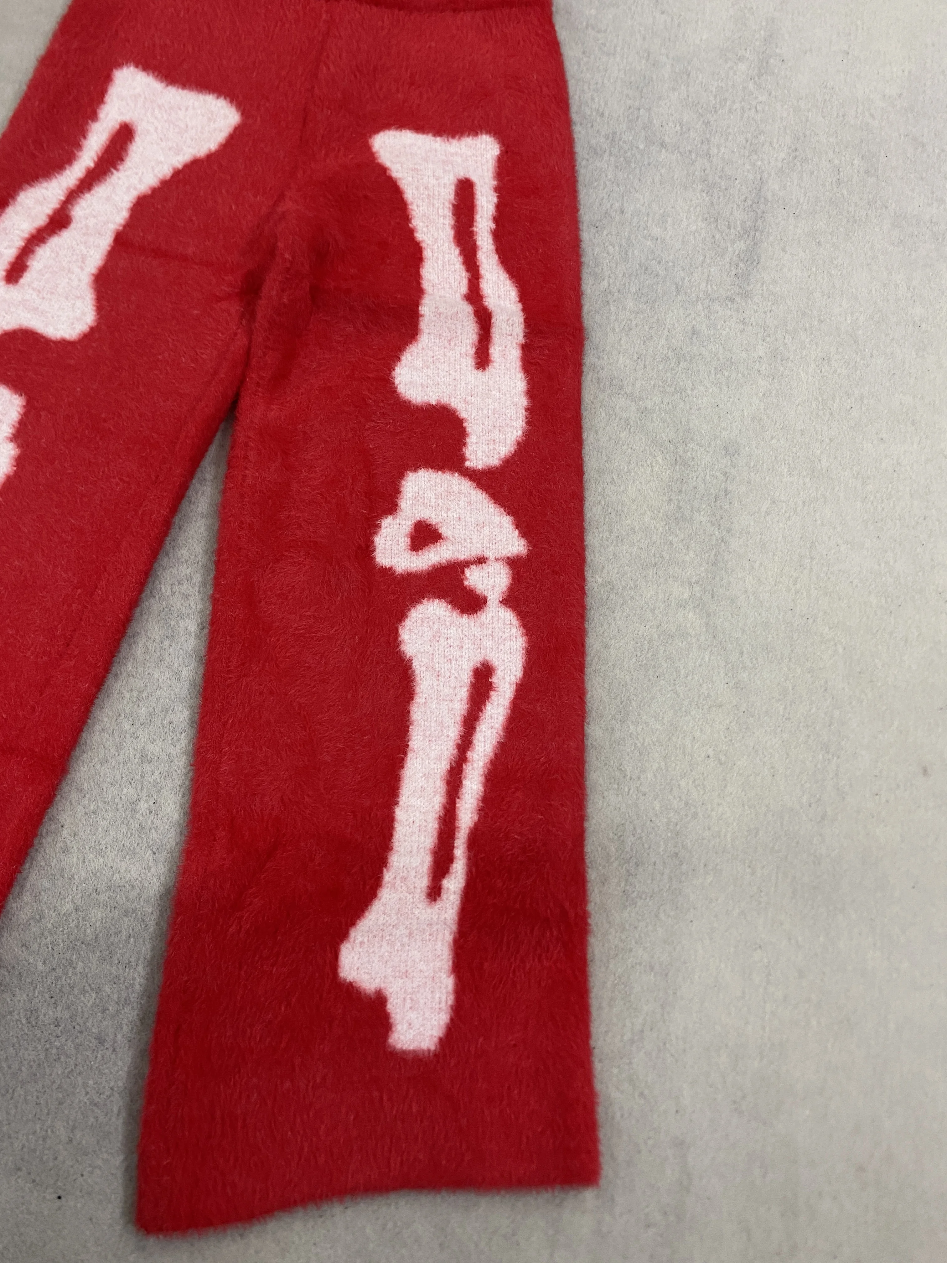 Red Fuzzy Knit Flare Pants White Skeleton Bone Jacquard Drawstring Elastic Waist Soft Mohair Y2K Alt Streetwear Bootcut Trousers