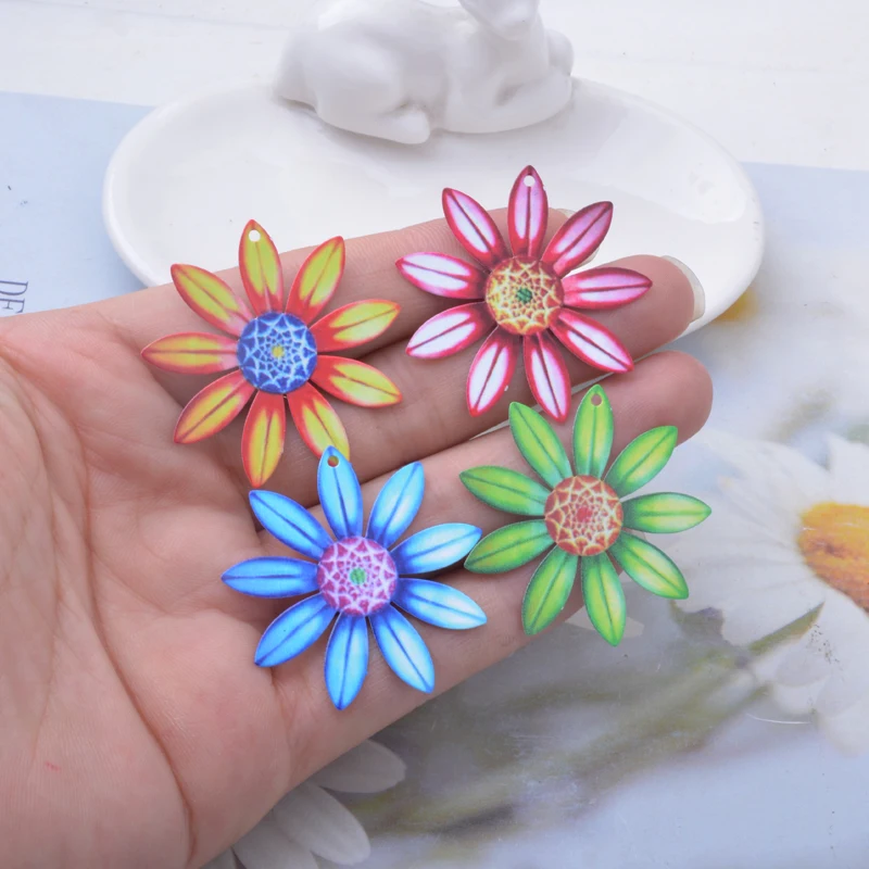 6 Stück AB8375 Neues Design Edelstahl Bunte Blumenanhänger Bemalte Sonnenblumen-Anhänger Schmuck Ohrring-Zubehör – Detail 9
