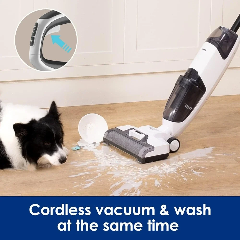 Cordless dry and wet vacuum floor cleaner and mop, one step cleaning of hard floors, perfect for sticky dirt and pet hair