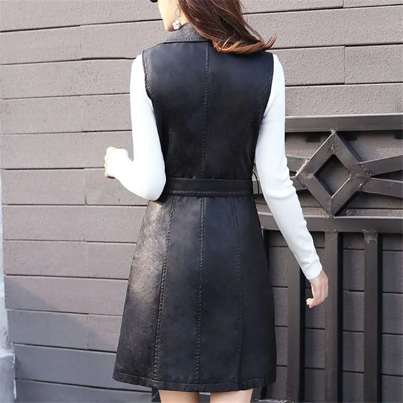 Autumn Winter Leather Vest Women Mid-length Slim Add Cotton Washing Pu Leather WaistcoatLeather Windbreaker Coat Match Belt