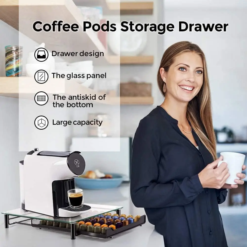 Coffee Pod Storage Holder Capsules Nespresso Originaline Storage Drawer Organizer Holder for 60 Capsule Drawer Holder Glass