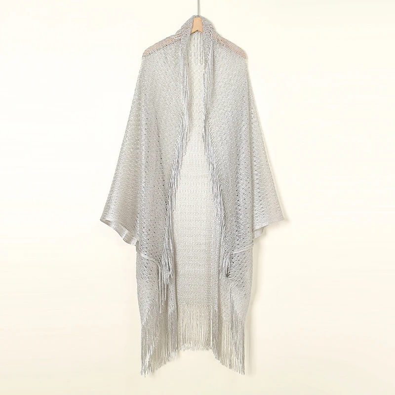 Fashion Women Bat Sleeve Cutout Cape Tassel Shawl Luxry Golden Sliver Party Scarf Summer Leisure Long Muffler 100*52cm view 5