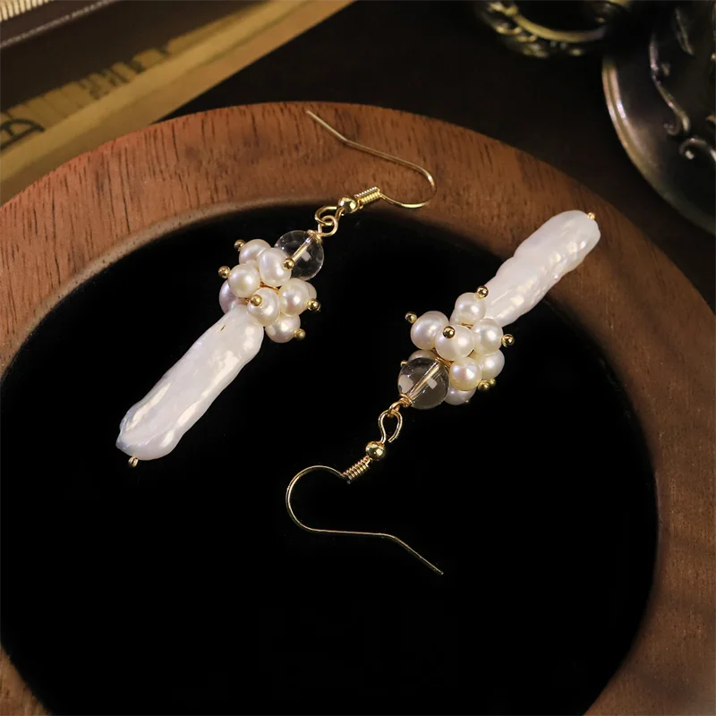 Vintage Baroque Pearl Earrings For Women Clear Glass Bead Cluster Design Long Irregular Pearl Drop Hook Ear Jewelry Daily Outfit