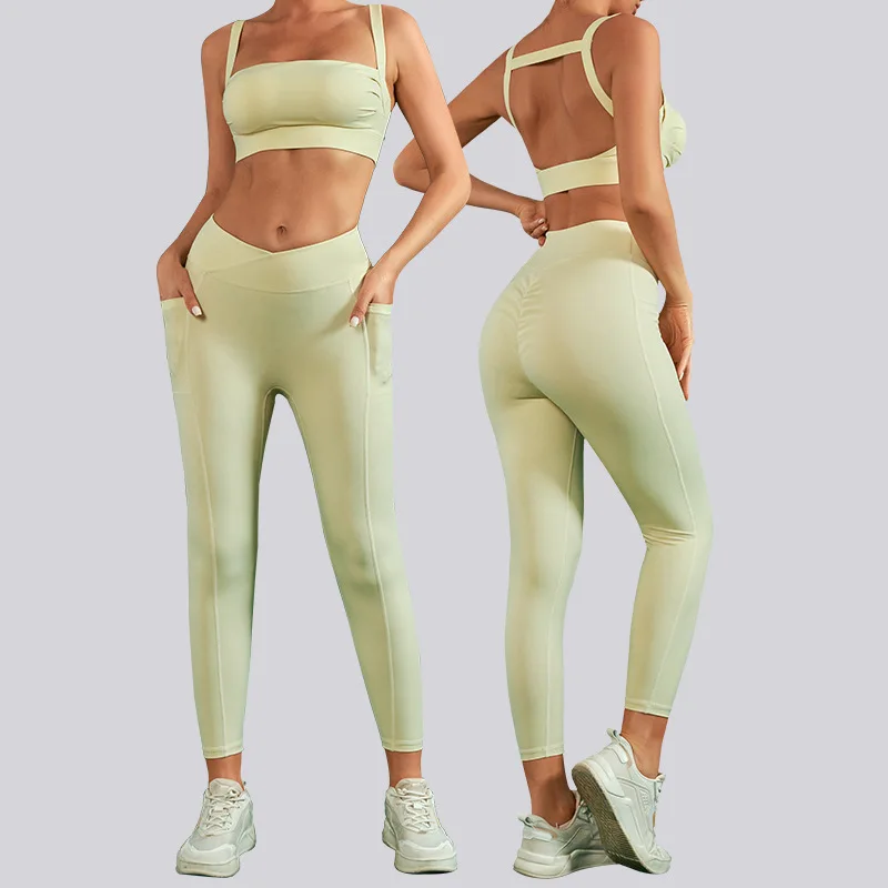 

2 Pcs Sets Women Yoga Set Seamless Workout Outfits Sportswear Tracksuit Leggings Thin Shoulder Strap Stretch Sports Bra Fitn