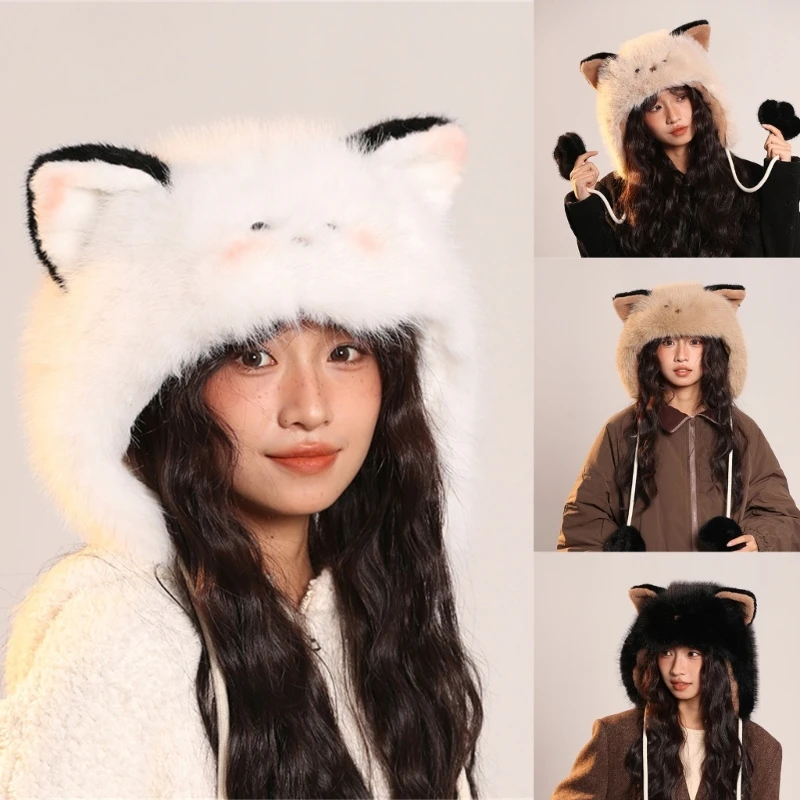 

New Furry Animal Ear Caps Windproof Hat Thick Warm Ear Flap Hat Cold Weather Headwear