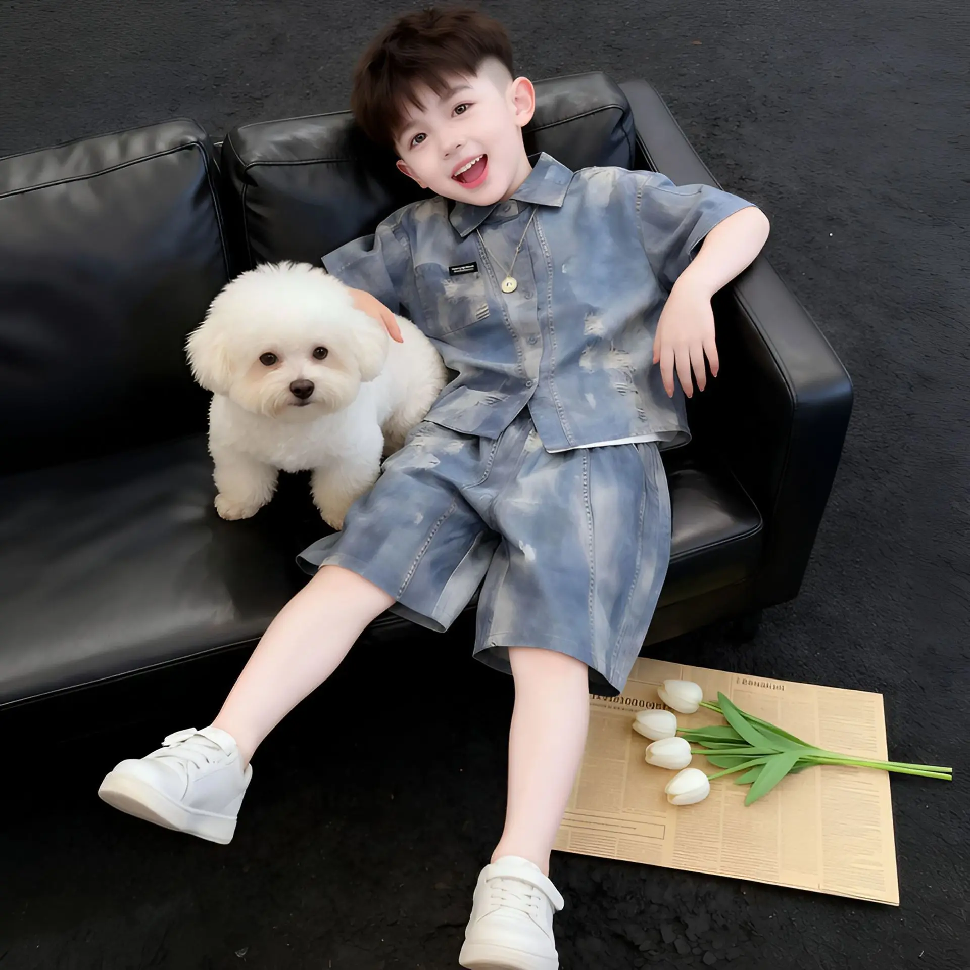

Children's clothing summer clothes boys imitation denim shirt suit summer children's short-sleeved shirt shorts