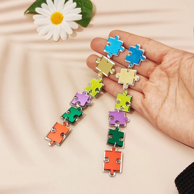 KUGUYS Super Long Puzzle Dangle Earrings for Women Multicolor Mirror Acrylic Novelty Cute Jewelry Trendy Accessories