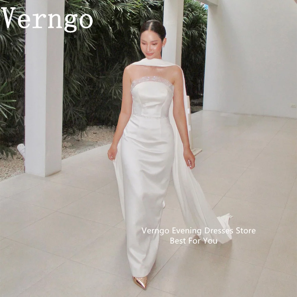 

Verngo White Satin Prom Gown Strapless Mermaid Evening Dresses For Women Sequined Floor Length Formal Dress Outfit