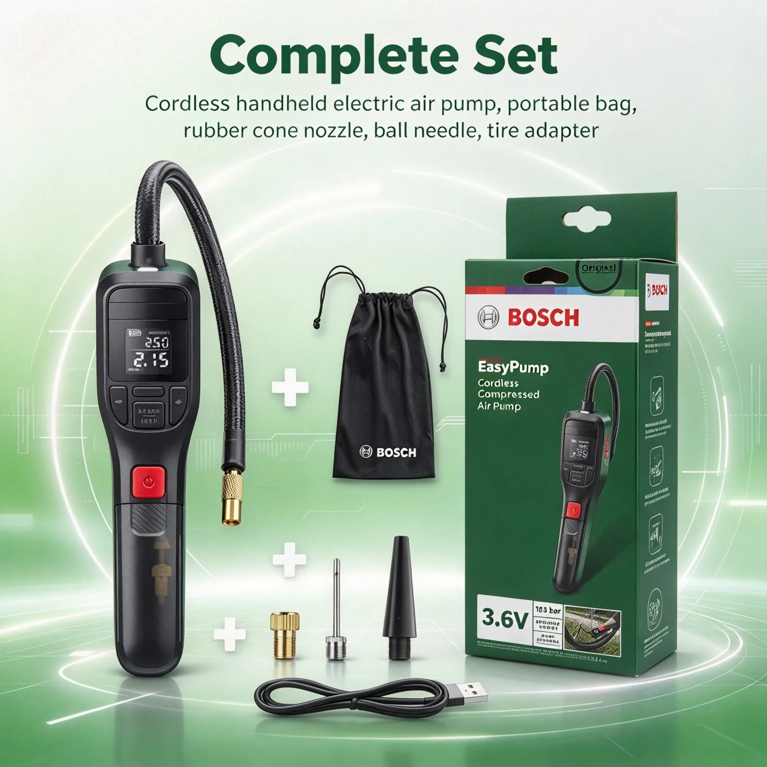 BOSCH Easy Pump Cordless Air Inflator, Mini Portable Air Compressor for Camping, Bike & Car Tire Inflation