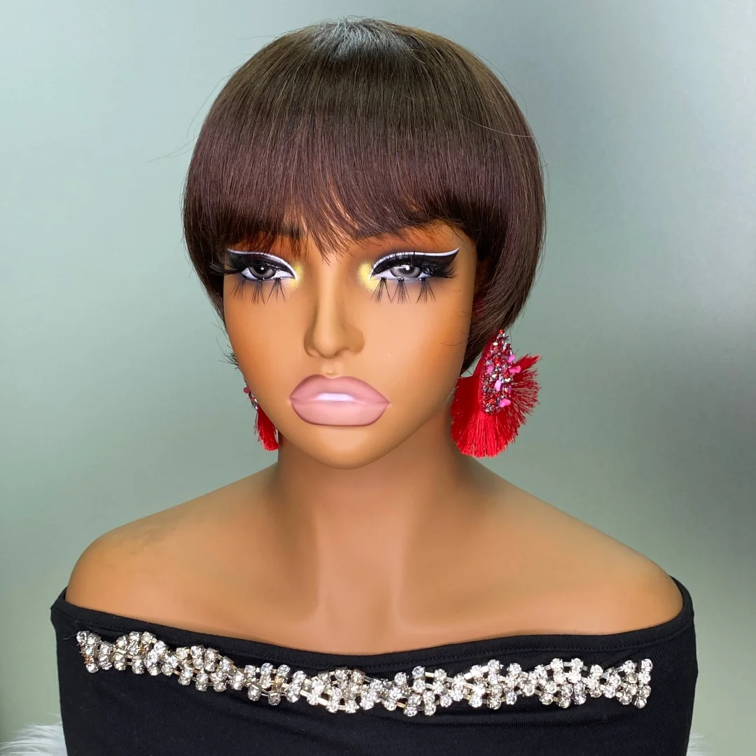 Human Hair Short Layered Pixie Cut for Black Women Brazilian Remy Machine Made Brown Color