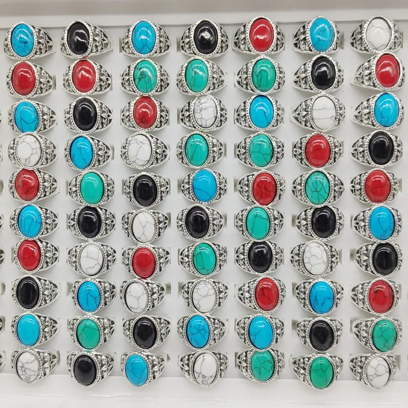 20 pz/lotto Nuovo Colorato Pietra Hollow Intagliato Fiore Anelli di Barretta Per Le Donne Della Boemia Grande Ovale Anello Comune Vintage Gioielli In Argento Piatto