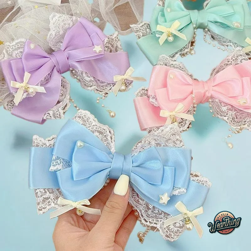 

Adorable Lolita Girls Huge Lace Bow Headpiece with Pink Pearls KC Princess Style HP01 Hair accessories