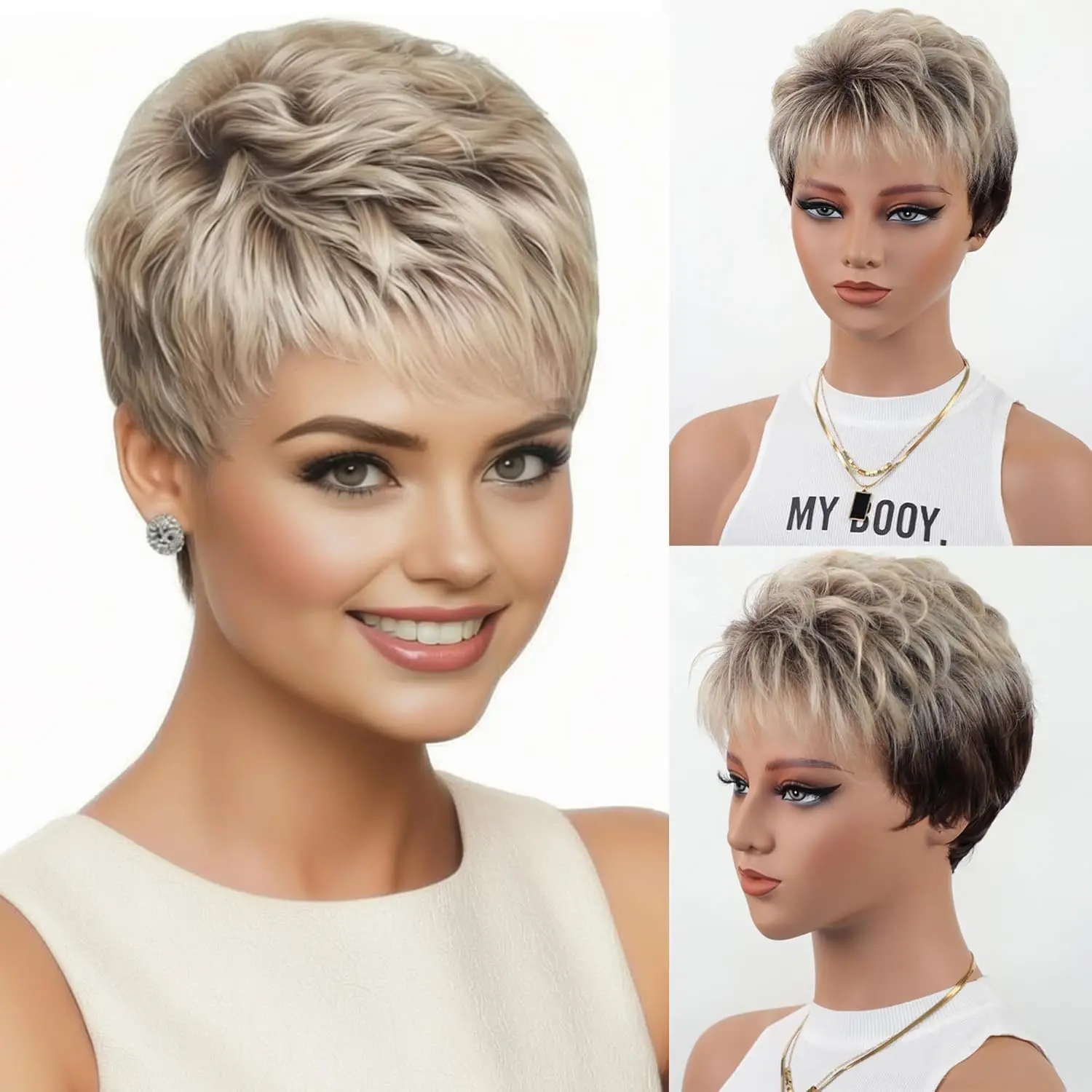 

Short Brown Ombre Wig for Women Soft Hair Replacement Wig with Bangs Pixie Cut Hairstyle Daily Use Costume Party Wig