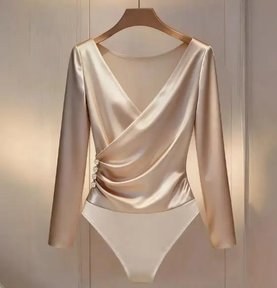 

2026 Spring/Summer New Women's Fashion Sexy Casual Solid Color Satin Splicing Long Sleeve V-neck jumpsuit Women's Wear