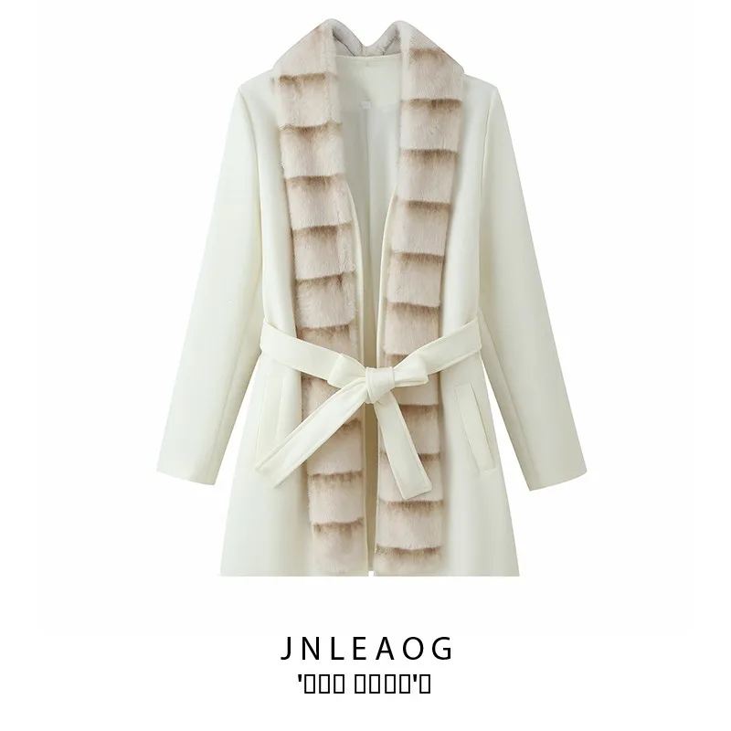

JNLEAOG Faionable Long Woolen Coat with Fur Collar Autumn New Sle Women's Clothing Street Sle Polyester Fiber