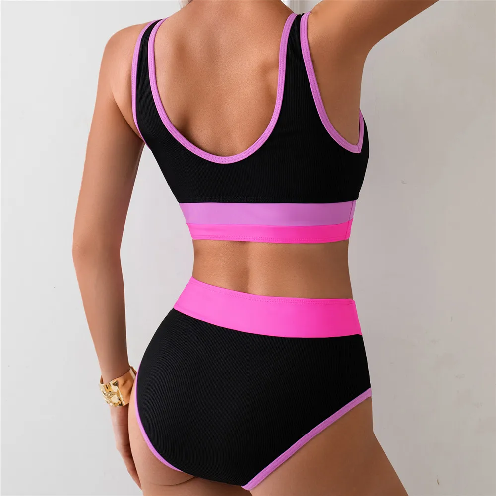 สีดําสีชมพู Patchwork Ribbed ชุดว่ายน้ํา Bandeau บิกินี่เอวสูงกีฬาชุดว่ายน้ําเซ็กซี่ผู้หญิงชุดว่ายน้ําชุดบิกินี่ De Mujer