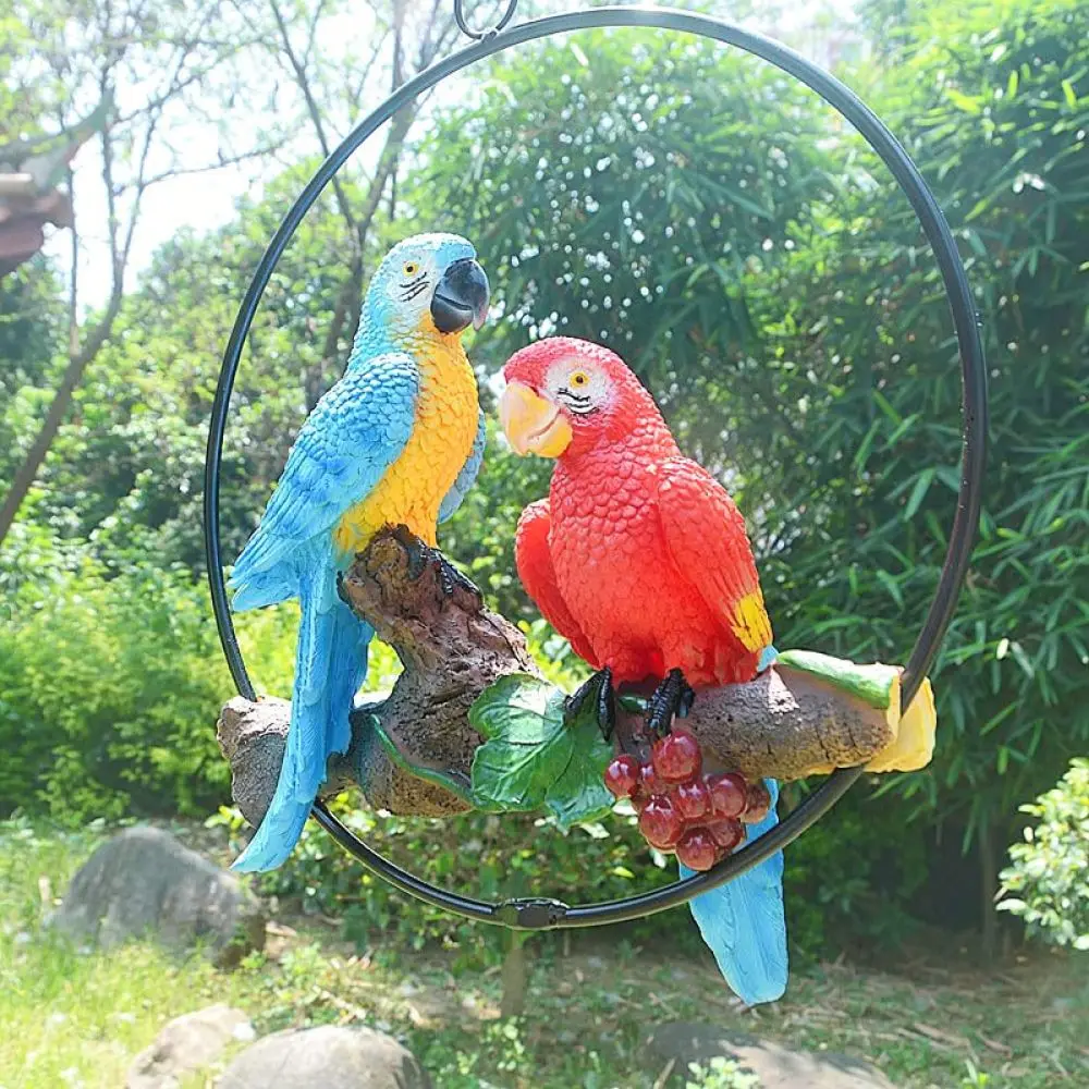 Decorative Iron Ring Macaw Parrot Hanging Craft Vibrant Resin Tropical Bird Statue For Backyard Garden Lawn Landscape Decor