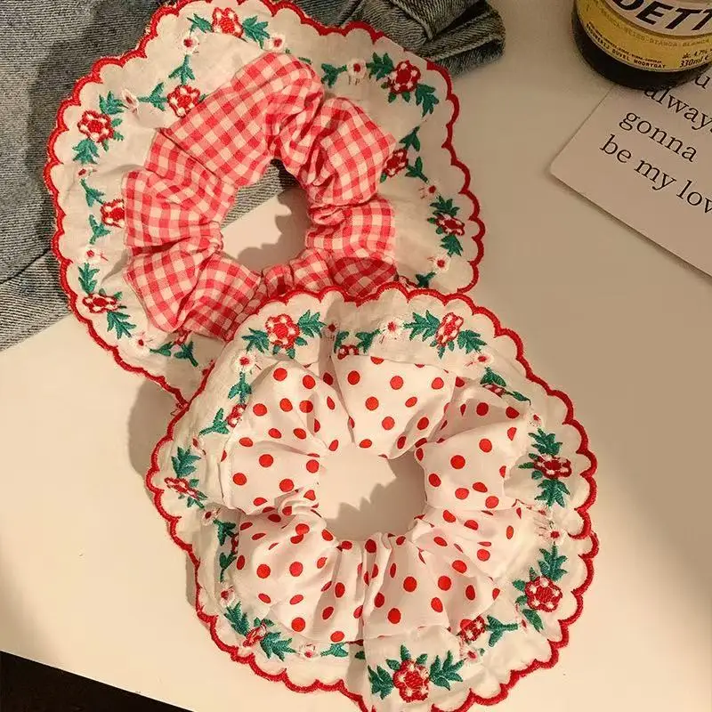 1pc sweet cute polka dot plaid lace large intestine hair ring, tie ball head and high ponytail head rope hair ornament headpiece