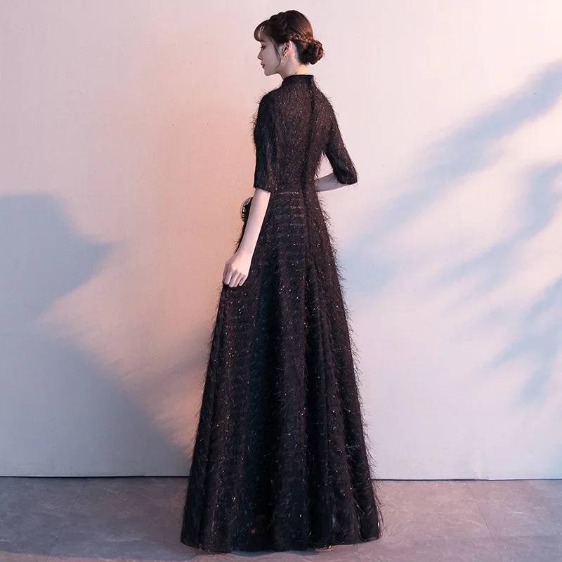 Es YiiYa, vestido de noche modesto personalizado, borla negra, cuello alto, media manga, cremallera, vestido de fiesta Formal de talla grande para mujer E035