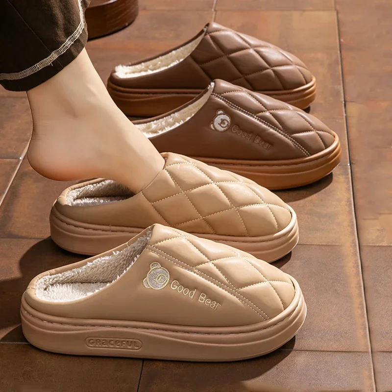 شباشب رجالية شتوية داخلية مقاومة للماء ومنصة مضادة للانزلاق أحذية قطنية منزلية للنساء من الفرو المسطح القطني لغرفة النوم #3