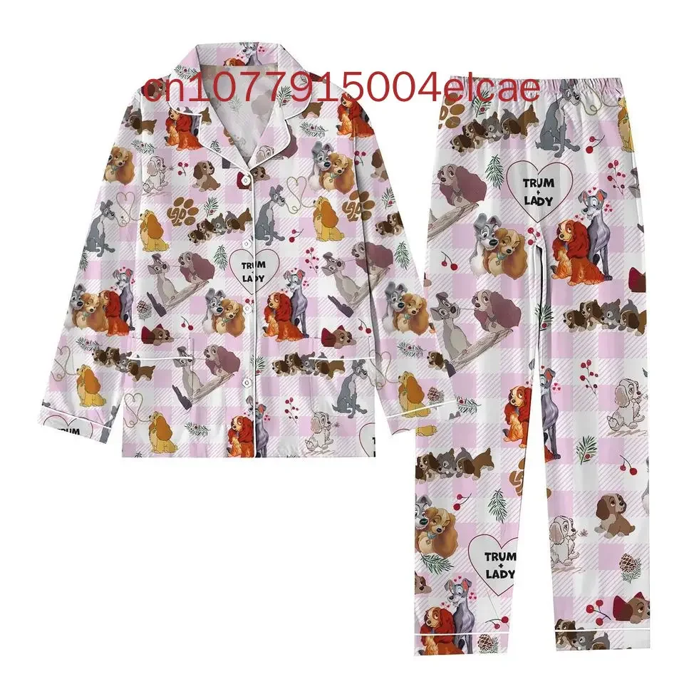 2024 New Disney Lady and the Tramp Pajama 3D Printed Casual Men's and Women's Long Sleeve Shirt Pajama Set